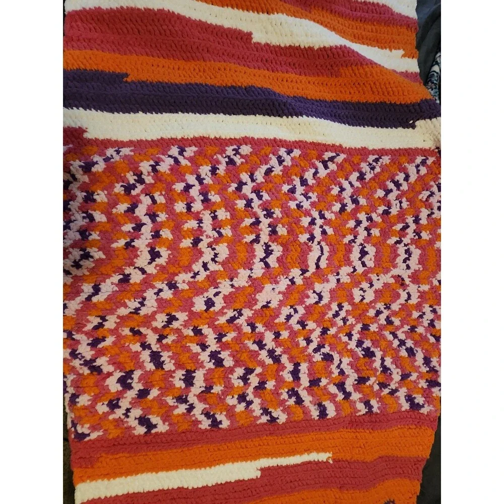 Handmade Crochet Pink Purple Crochet  Blanket  cottag retro, farmhouse, modern